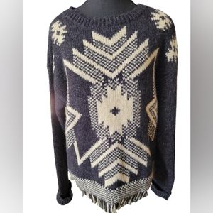 PRESS brand black and white sweater with bottom fringe, size Medium